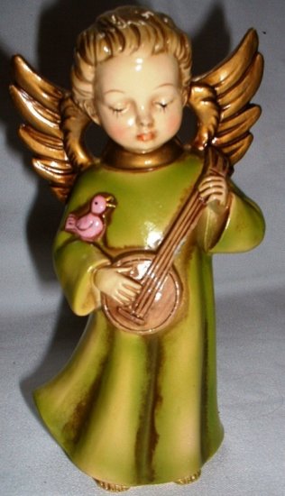 Vintage Paper Mache or Plastic Boy Christmas Angel Figurine Playing Banjo and Pink Bird