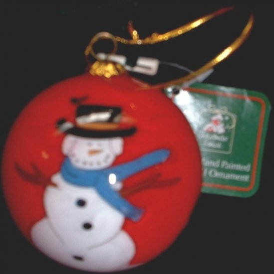 Christmas House Holiday Glass Snowman Tree Red Ball Ornament Velvet Box