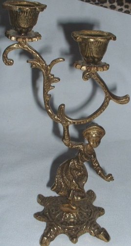 Vintage Etched Cast Brass Metal Figural Lady Double Candlestick Holder