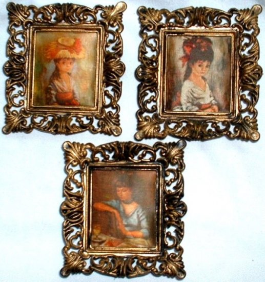 Three Mini Vintage Ornate Style Picture Frames w/ Puffy Silk Pictures Hong Kong