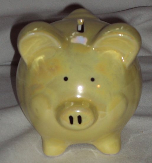 Iridescent Ceramic Yellow Pig Piggy bank Made In China New Used Condition Stopper Intact