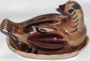 Betty Cleminsons Distlefink Hand Painted Bird Vintage Covered Butter Dish California Pottery