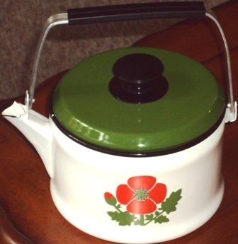 Enamelware Teapot Orange Poppy Flower Tea Pot Vintage Aluminum / Plastic Handle