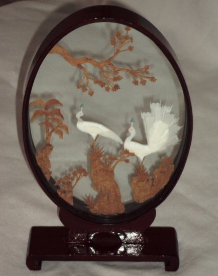 Asian Oriental Carved Cork Exotic Birds n Trees Oval Glass Lacquered Frame