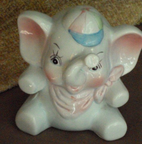 Baby Boy Still Elephant Coin Slot Piggy Bank w/ Baseball Cap