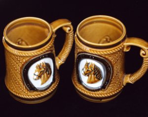 Vintage Made in Japan Brown Glazed Horse Mug/Stein Coffee Cup Set