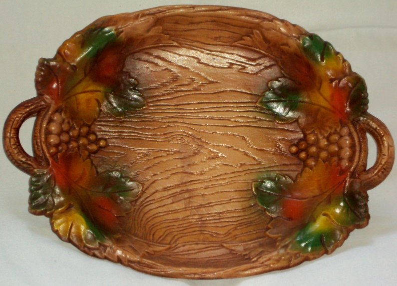 Vintage Wood-Like Molded Handled Oval Tray Plastic Fall Festival Platter