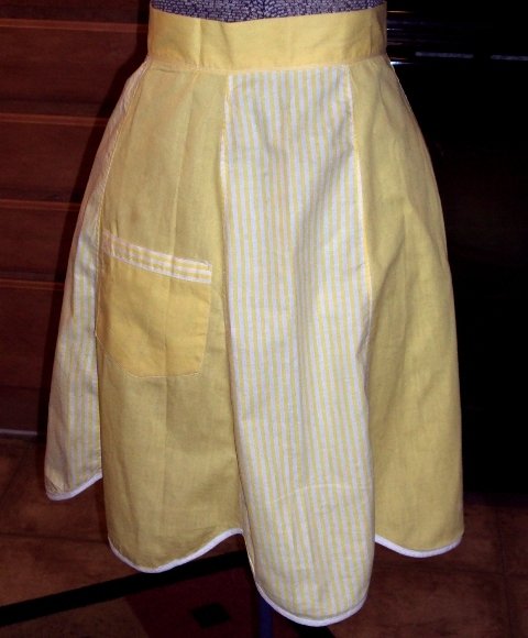 Hostess Half Apron / Retro Vintage / Yellow White Stripes / Scalloped Hemline