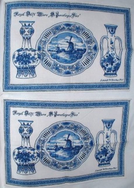 Royal Delft Ware Pottery Blue Linen Napkin Vintage Tea Towel or Place Mat (Set of 2) 1970s