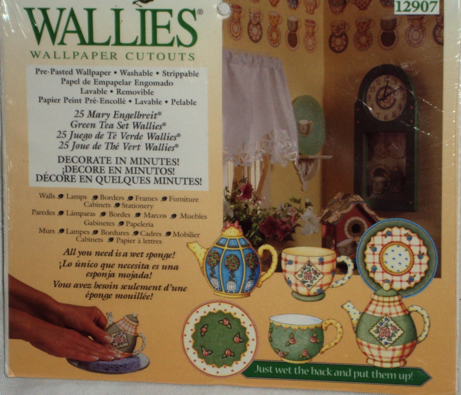 Wallies Wallpaper Cutouts Mary Engelbreit Green Tea Set Cups Pots Saucers Sealed Decals