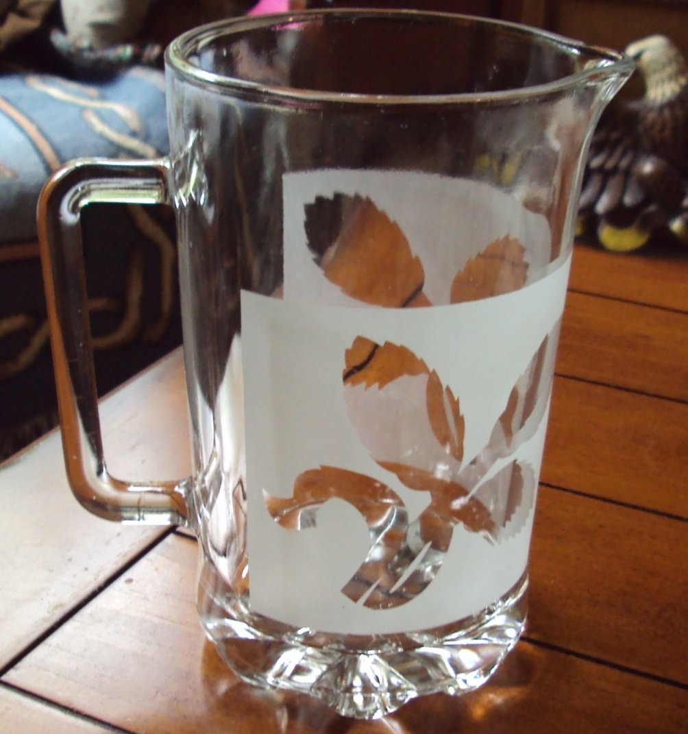 Vintage Glass Etched Water Pitcher Frosted Leaf Crystal Design Foliage