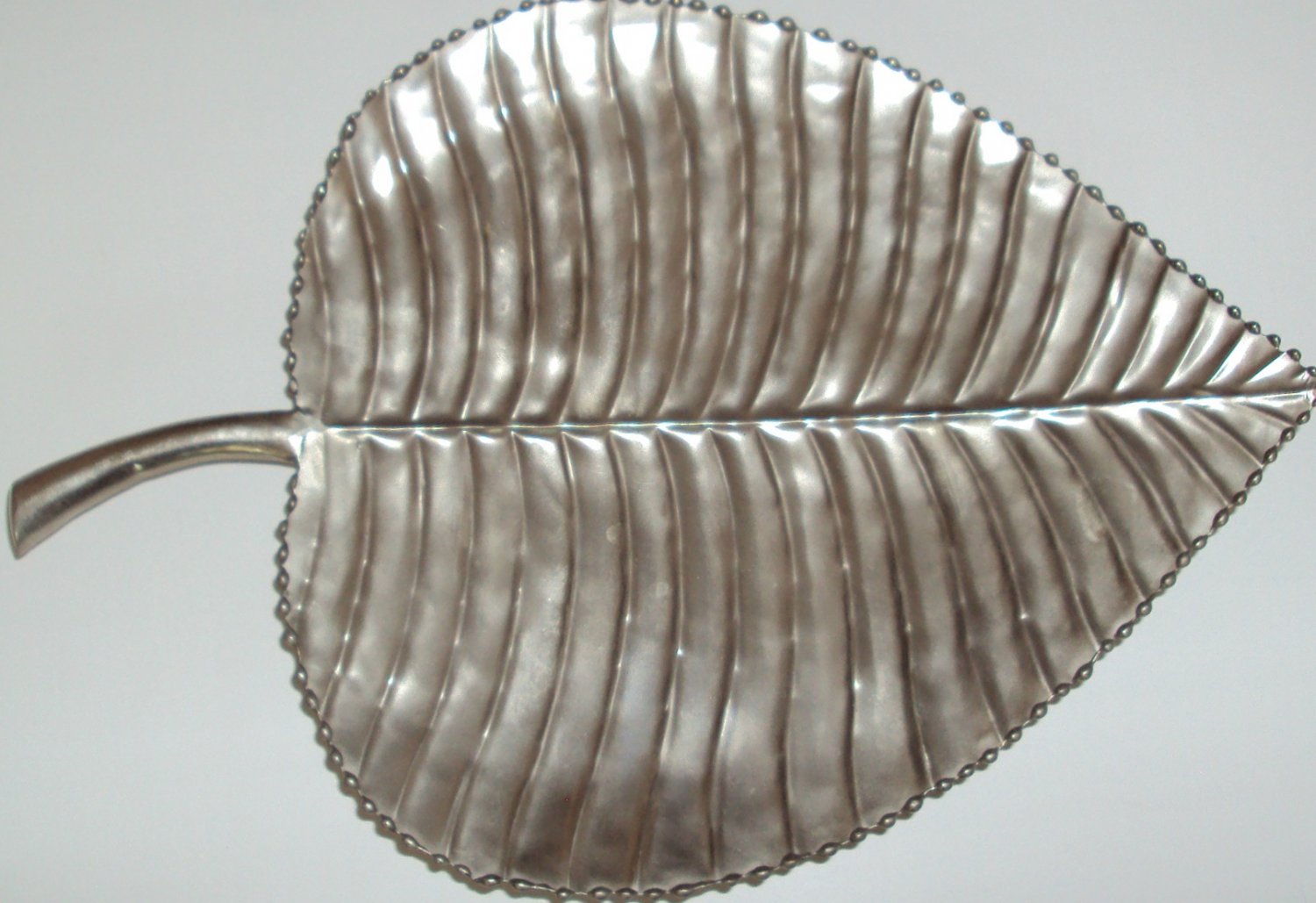 Vintage Large Forest Leaf Shape Tray Metal Platter Beaded edge
