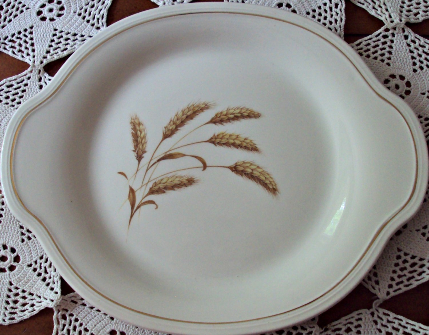 Edwin M. Knowles Semi Vitreous Golden Wheat Handled Cake Platter Gold Band 1940s