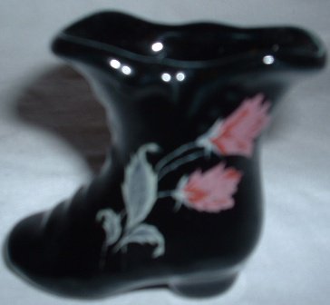 Victorian-type Black Porcelain Ladies Boot Hand Painted Flowers Vintage Mini Vase Toothpick Holder