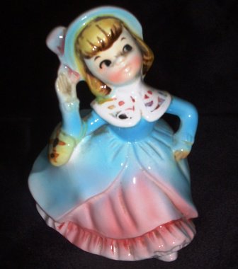 Pottery Ceramic Dressed Girl Figurine in Blue Coat / Pink Dress Vintage Planter Ruffled Petticoat