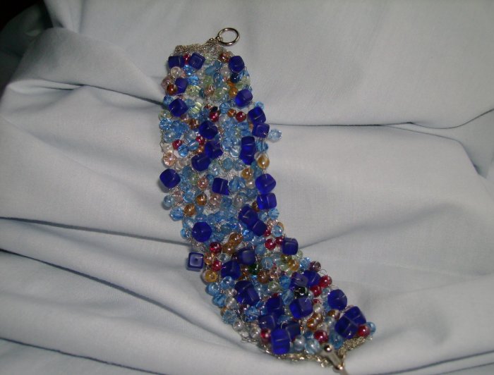 Cobalt Blue and Multicolor Knitted Silver Wire Bracelet