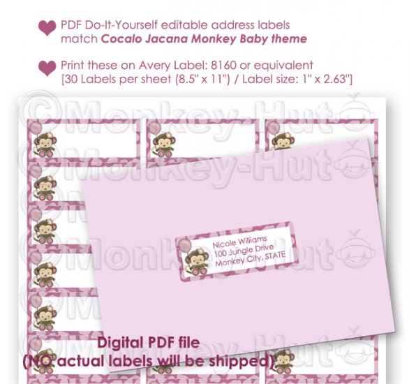 Printable editable DIY address labels Monkey Baby Shower PDF file