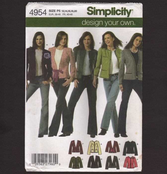 Simplicity 4954 Design Your Own Jacket Misses Sewing Pattern Size 12 - 20 Bust 34 36 38 40 42 2000s