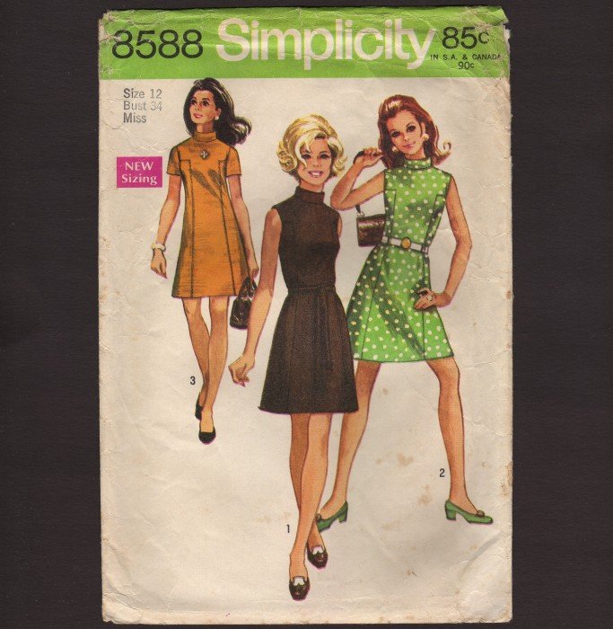 Vintage Simplicity 8588 Misses sleeve-less or short-sleeve dress A-line Size 12 Bust 34 1960s
