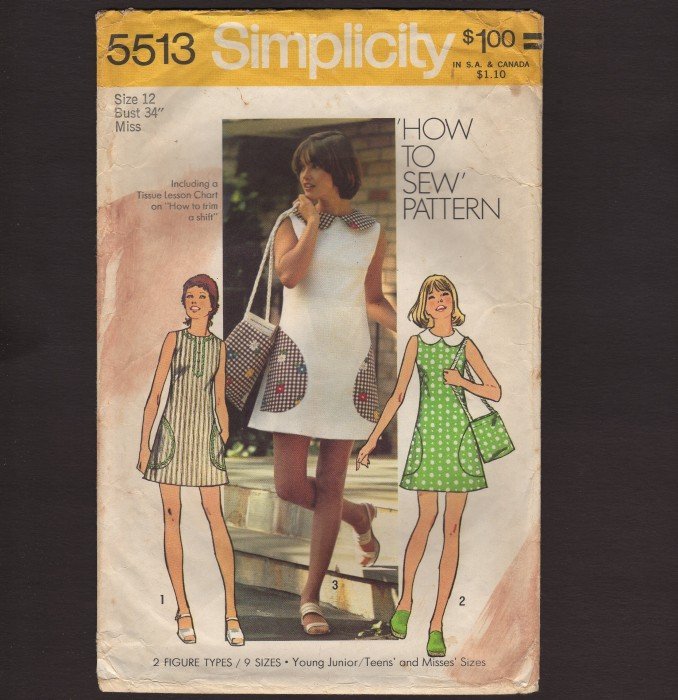 Vintage Misses Mini-Dress with matching bag Simplicity 5513 Sewing Pattern Size 12 Bust 34 1970s