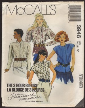 McCall's 3646 Misses 3 Hour Blouse Sewing Pattern Size 12 Bust 34 1980s