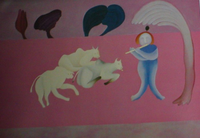 Manjit Bawa "Pink field and the flute player" Indian Contemporary art