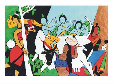 "Krishna Leela" by M.F.Husain Signed limited edition Serigraph Indian Contemporary art