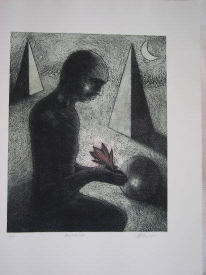 Man with Lotus by Yashpal Chandrakar-Signed limited edition Etching Indian Contemporary art