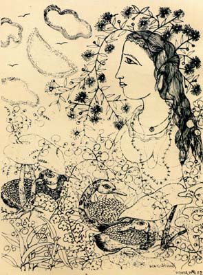 Lady with birds by Manoj Dutta- Signed limited edition Serigraph Indian Contemporary art