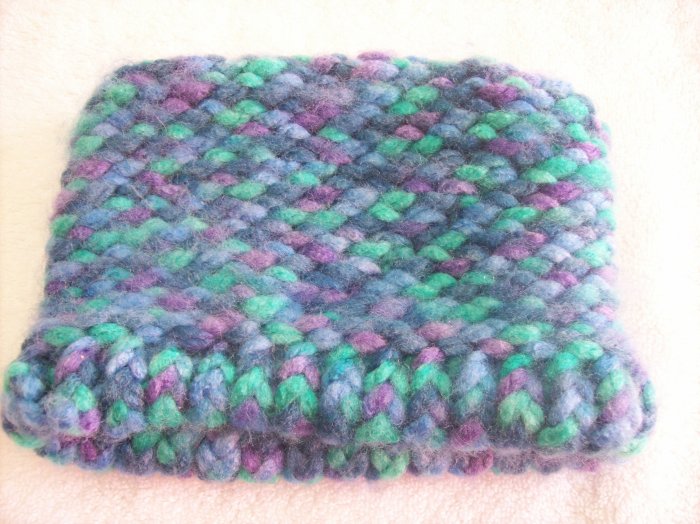 Hand-knitted tot hat, blue, green and purple