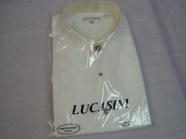 white tux shirt with stone/black button cover at neck for men,sizes 16.5 to 19.5 x34/35 sleeve.