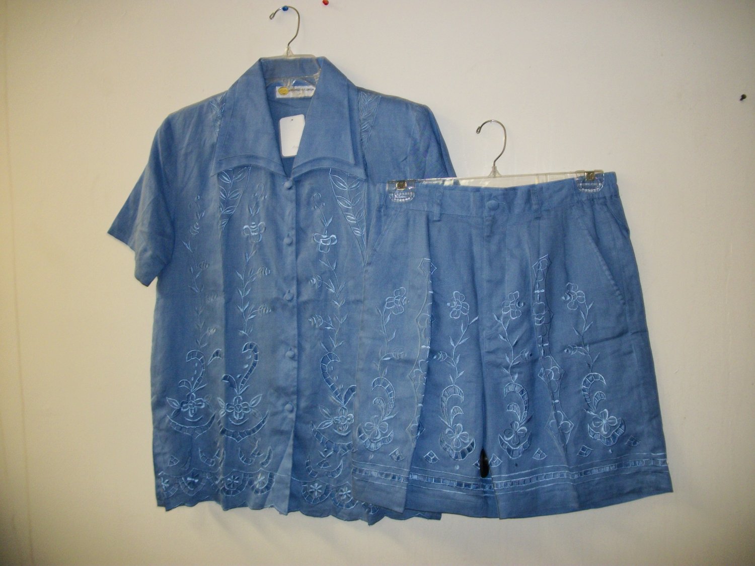 2pc blue 100% linen short set for ladies, knee length shorts, embroidery on blouse & shorts