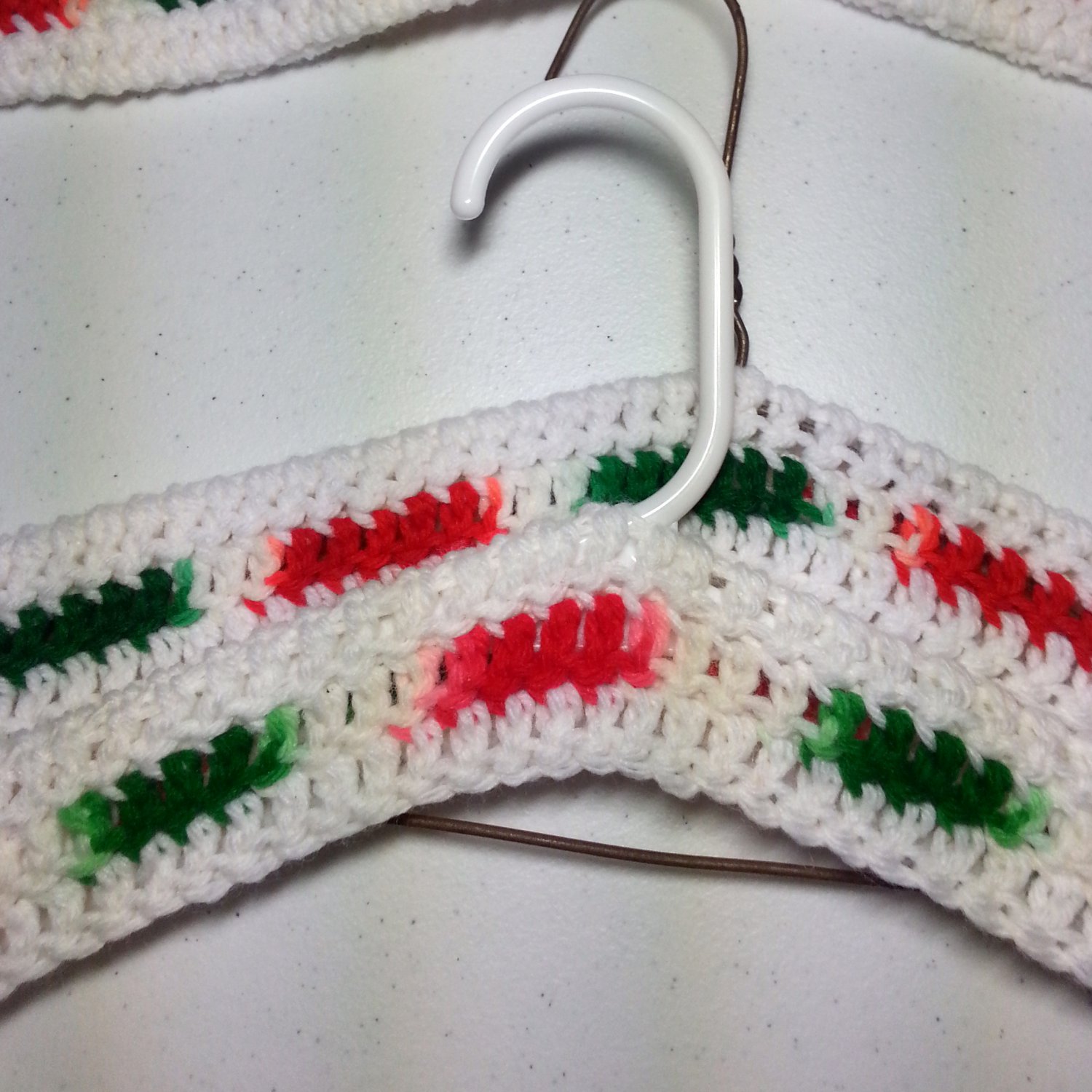 Crocheted Red Green White Coat Hanger Cover Set Christmas colors