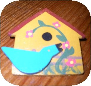 Wooden Hand painted Bird House Brooch