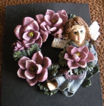 Ceramic Rose and Angel Wreath Brooch