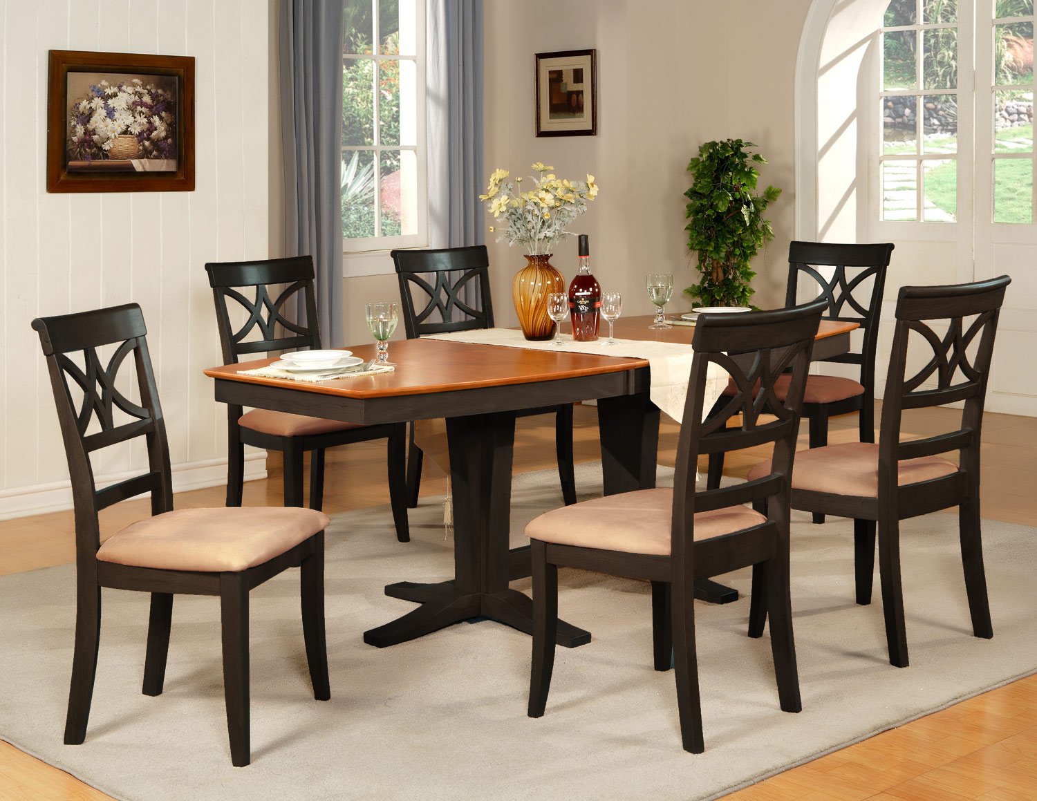 Ellington 9-Pc Dining Table Set-40âX82â-extension leaf- in Black & Cherry. SKU: EL9-BLK-C