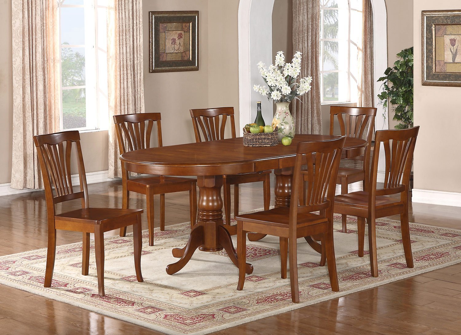 7-PC Newton Oval Dining Room Set Table + 8 Wood Seat Chairs in Saddle