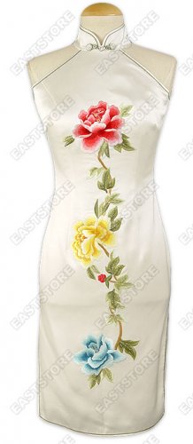 White Silk Embroidered Peony Dress