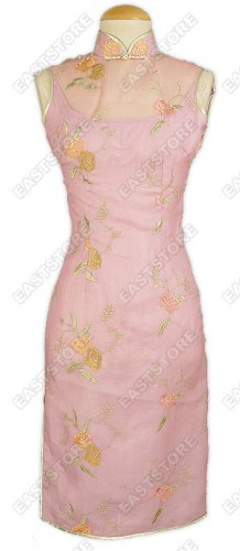 Attractive Embroidered Silk Voile Knee-Length Cheongsam