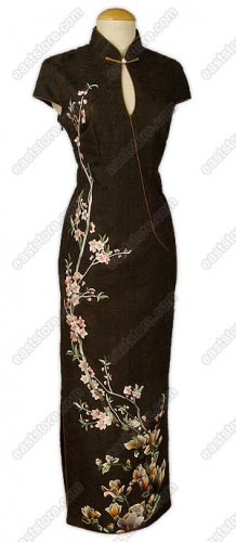 Yulan and Peachblossom Embroidered Silk Crape Cheongsam