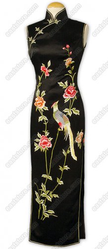 Dignified Phoenix and Peony Embroidered Silk Cheongsam