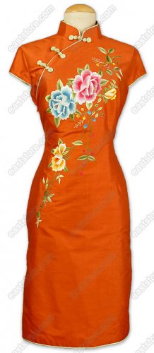 Bright Poeny Embroidered Thai Silk Cheongsam