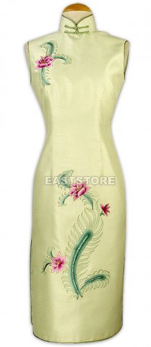 Silk Phenix Flower Embroidered Knee-Length Qipao