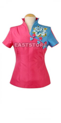 Two-tone Peony Embroidery Silk Blouse