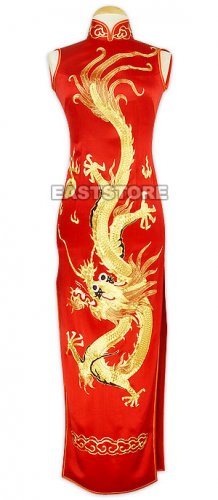 A-one Gold Embroidery Dragon Silk Cheongsam