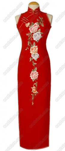 Traditional Peony Embroidered Silk Cheongsam
