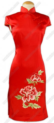 Jubilant Peony Embroidered Knee-Length Silk Cheongsam