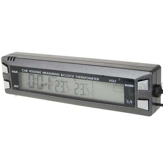 3.8" LCD Digital Clock with In/Outside Thermometer + Voltage Measuring Bar for Vehicles