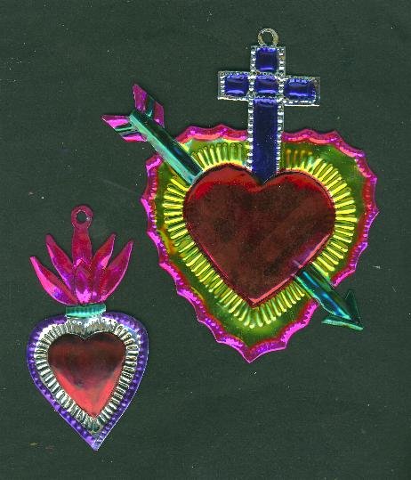 Two Valentine tin Mexican hearts ex voto ornaments