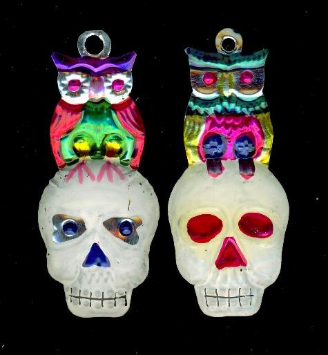2 Tin Mexican Skull with owl Day of the Dead